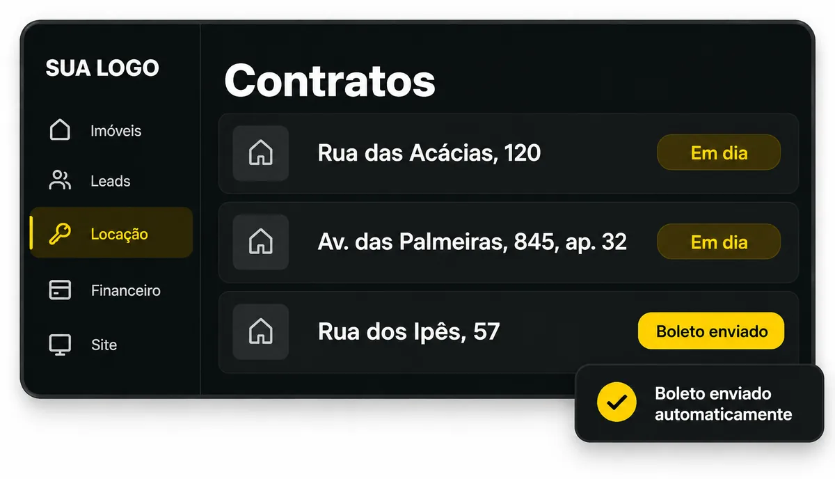 Ilustração da lista de contratos de locação com status e aviso de boleto enviado automaticamente